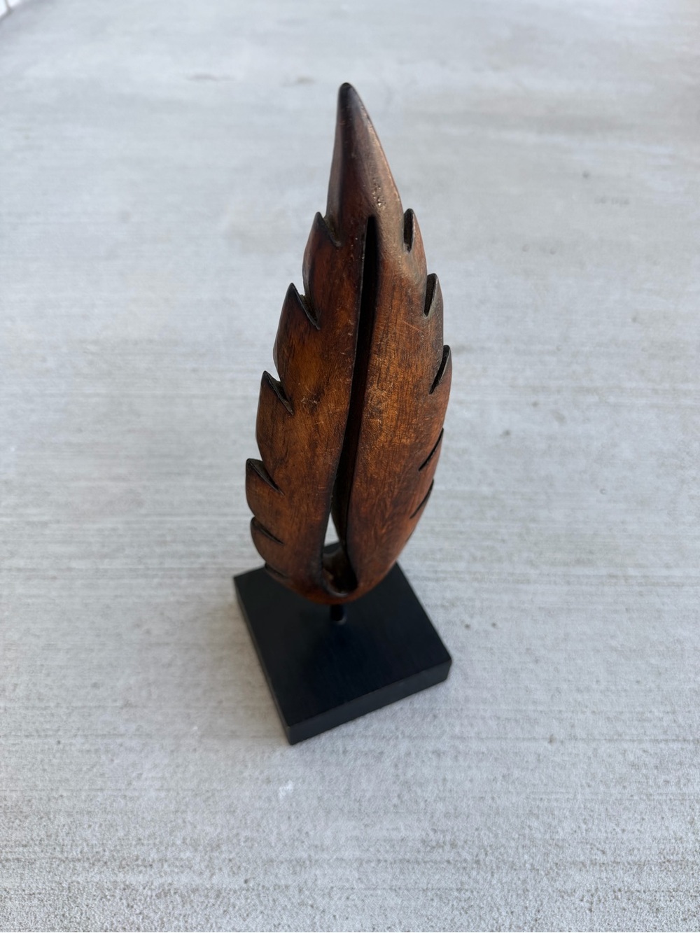 Vintage Hand Carved Wooden Leaf Sculpture on Stand Mid Century Modern Decor 12”